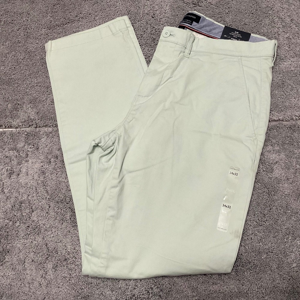 Tommy Hilfiger Mens TH Flex Slim Fit Chino Pants Mint Green 34x32 Stretch New